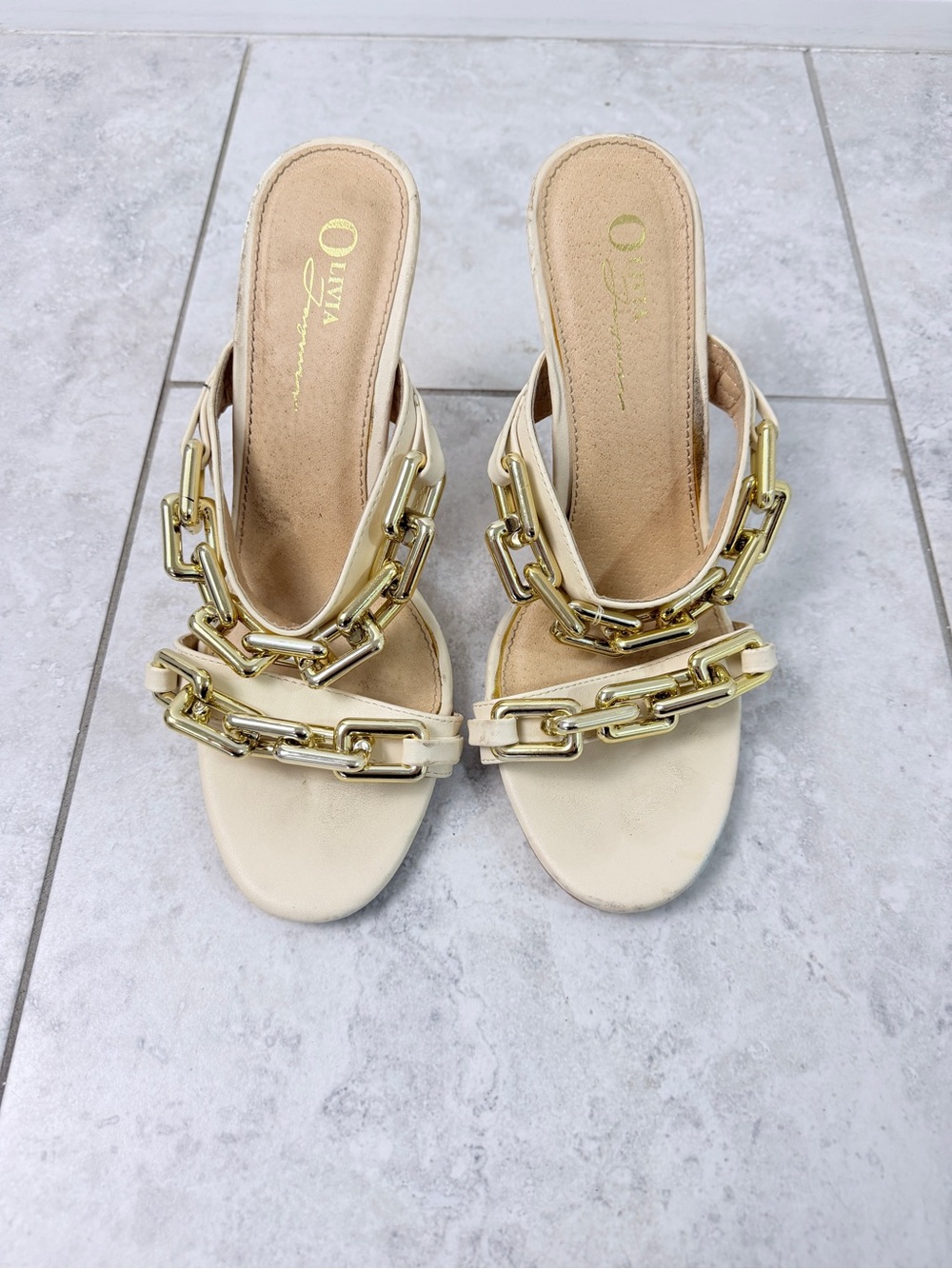 Olivia Ferragamo White Mule Heels Gold Chain Sandals Women’s Size 8.5 Open Toe
